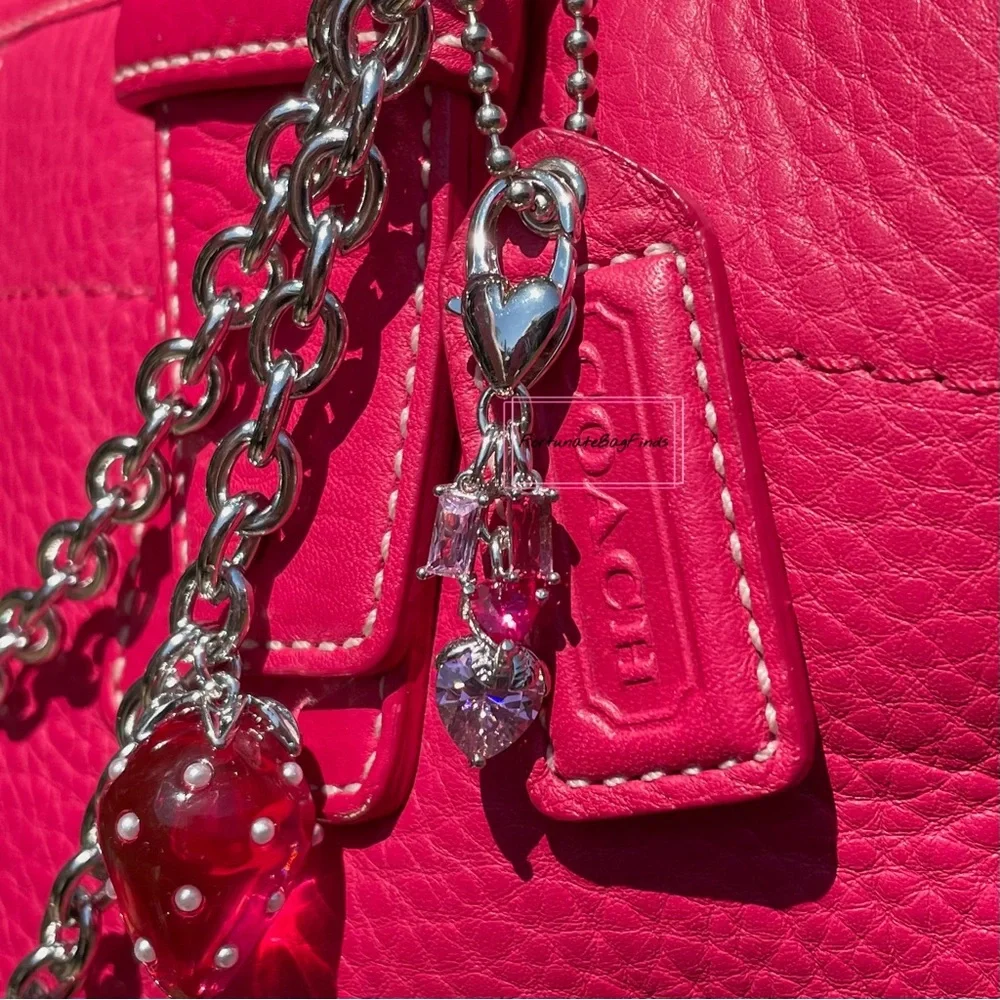 Y2K Vintage Coach Hot Pink Pebble Leather Tote Bag & Strawberry Charm Chain SET - Picture 4 of 16